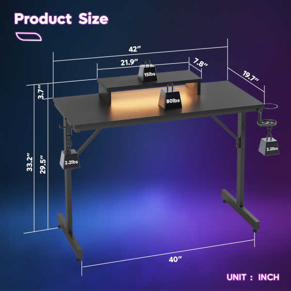 Bestier 42" Gaming Desk PC Computer Office Gamer Table Desk with LED Lights & Monitor Stand in Red