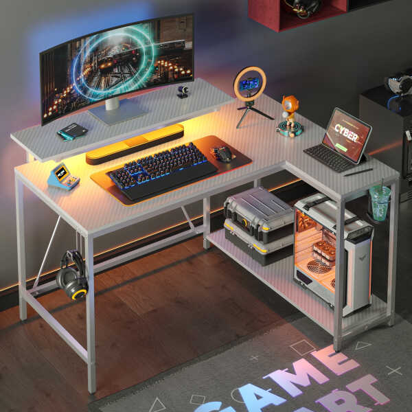 Pinmoco 42" Reversible L-Shaped Gaming Desk with Monitor Stand, LED Lights& Headset Hooks, Home Office, Carbon Fiber Black
