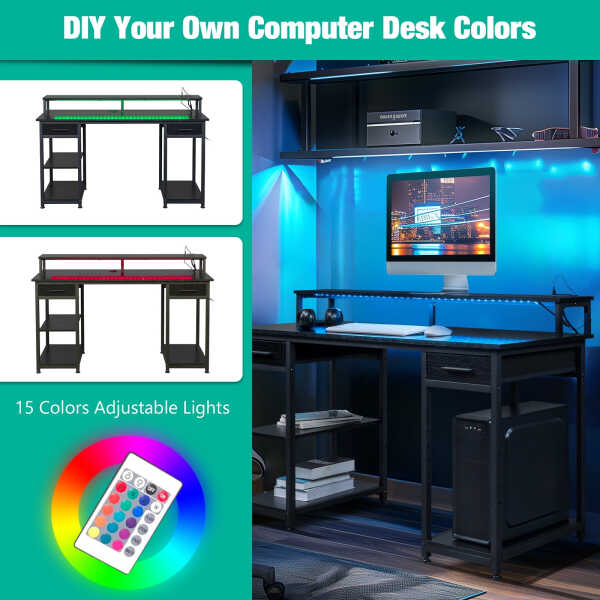 Ktaxon Gaming Desk with 2 Power Outlets&USB, Computer Desk with 15 Adjustable Light, Study Writing Table with Large Desktop, for