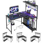 Bestier 42 inch Gaming Desk with LED Lights & Power Outlet, Reversible L Shaped Computer Desk with Hutch & Storage Shelves,