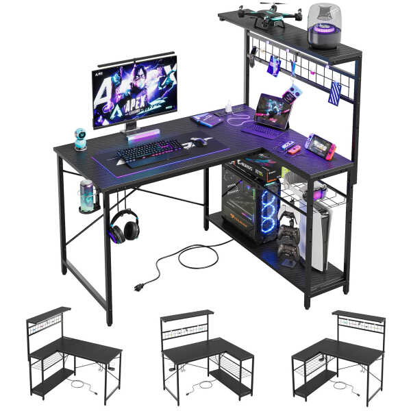 Bestier 42 inch Gaming Desk with LED Lights & Power Outlet, Reversible L Shaped Computer Desk with Hutch & Storage Shelves,