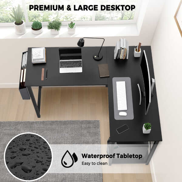 CONCETTA L Shaped Computer Desk with Wooden Desktop CPU Stand Side Bag Reversible, White