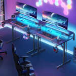 31 inch Small Gaming Desk with Power Outlets & LED Lights, Computer Desk Gaming Table with Monitor Shelf, Gamer Desk with Carbon