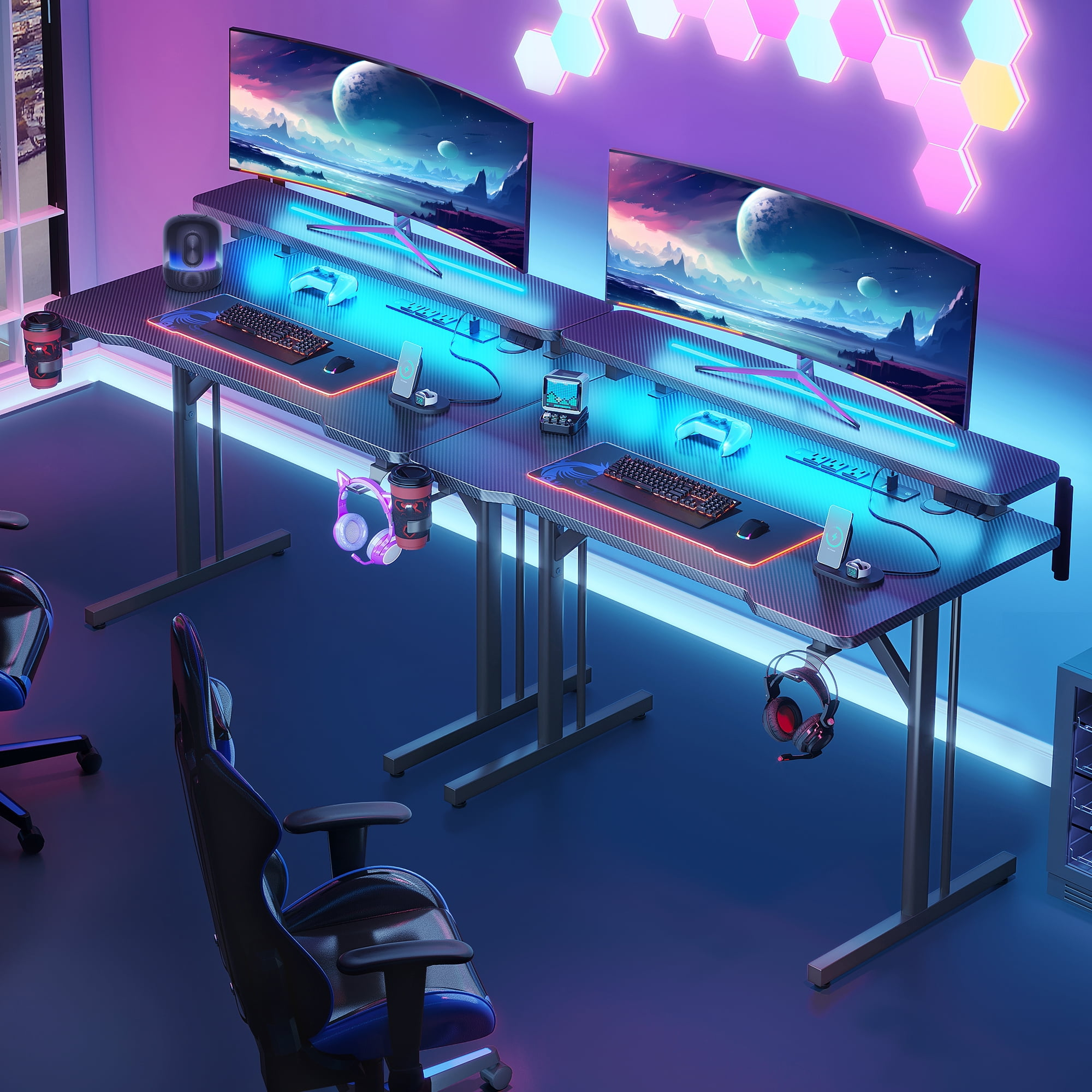 31 inch Small Gaming Desk with Power Outlets & LED Lights, Computer Desk Gaming Table with Monitor Shelf, Gamer Desk with Carbon