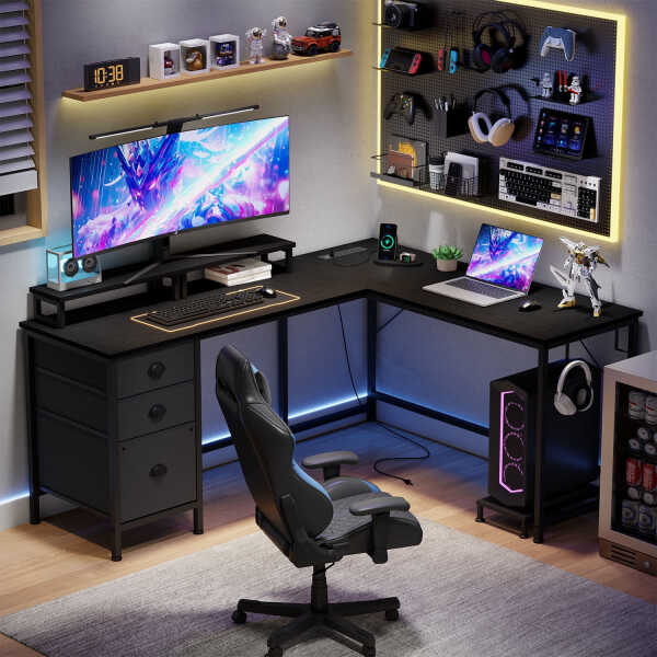 GIKPAL L Shaped Computer Desk, Reversible Gaming Desk with Drawers, Corner Desk with Storage Shelves & Monitor Stand, Home