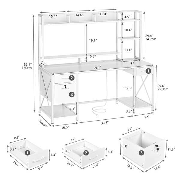 Dextrus 59.1"Computer Desk with Power Outlets & Hutch, Office Desk with Storage Shelves & Drawers with Lock, Gaming Desk with