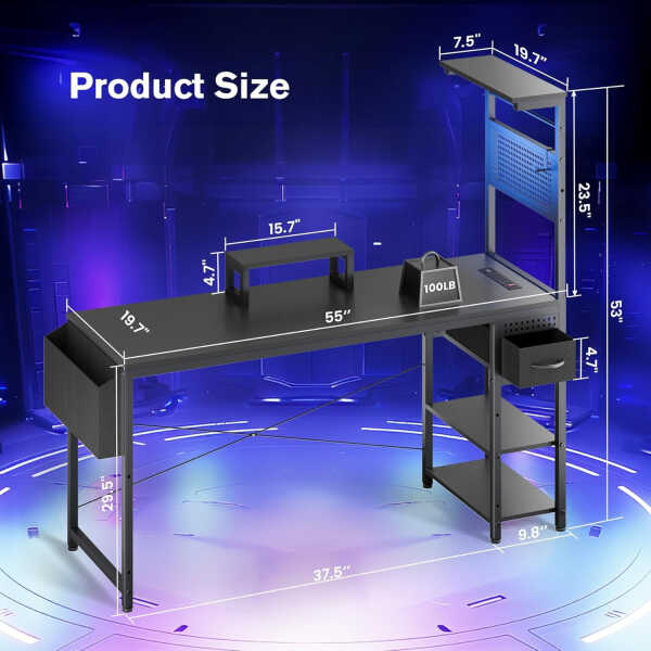 Upgo L Shaped 47" Gaming Desk with LED Lights & Adjustable Stand, Power Outlets & Storage Drawer for Adult and Teen