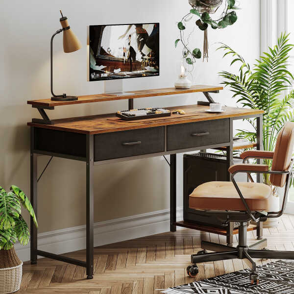 Computer Desk with Drawers and Storage Shelves, 48 inch Home Office Desk with Monitor Stand, Work Study PC Desk for Small