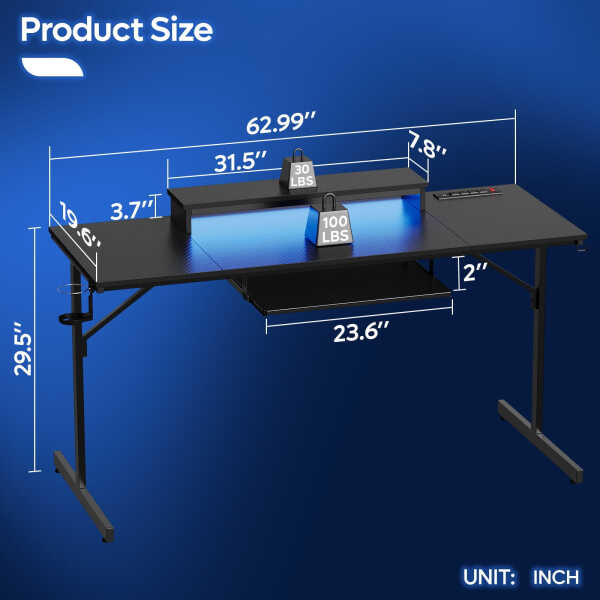 Bestier 63" Gaming Desk with LED Lights & Power Outlets, Computer Desk with Monitor Stand & Keyboard Tray for Home Office,