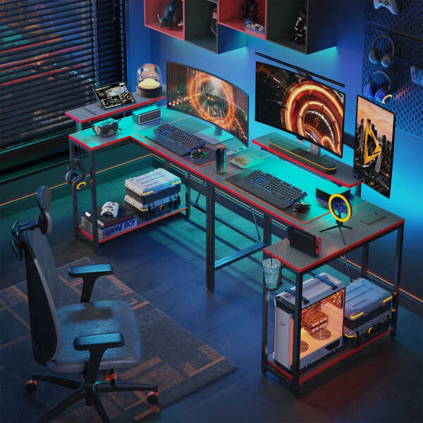 Pinmoco 42" Reversible L-Shaped Gaming Desk with Monitor Stand, LED Lights& Headset Hooks, Home Office, Carbon Fiber Black