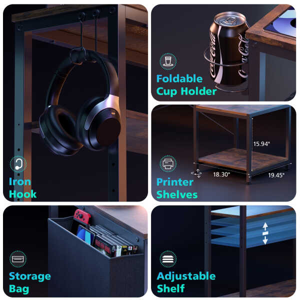 Eunon 71 inch L-Shaped Gaming Desk with Power Outlets LED Computer Office Table with Monitor Stand & Storage Shelf