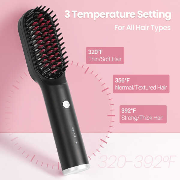 KIPOZI Hair Straightener Brush, Cordless Hair Straightener Brush Portable Hot Comb Straightener, USB Rechargeable & 3 Temp