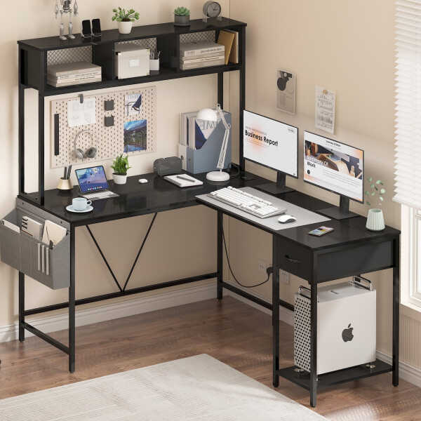 Yoobure 55 inch L Shaped Desk with Power Outlet and LED lights&65292Corner Gaming Desk with Storage Shelf&65292Computer Desk L