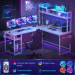 Homieasy L Shaped Desk with Power Outlet & USB Ports, 86.6'' Reversible L-Shaped Gaming Desk with Monitor Stand & LED Strip, 2