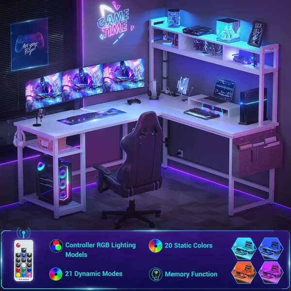 Homieasy L Shaped Desk with Power Outlet & USB Ports, 86.6'' Reversible L-Shaped Gaming Desk with Monitor Stand & LED Strip, 2