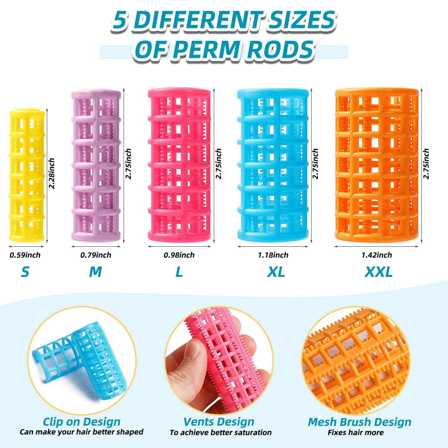 NOGIS 50 Pieces Plastic Hair Rollers Curlers Snap on Rollers Self Grip Rollers with Steel Pintail Comb, Hairdressing No Heat