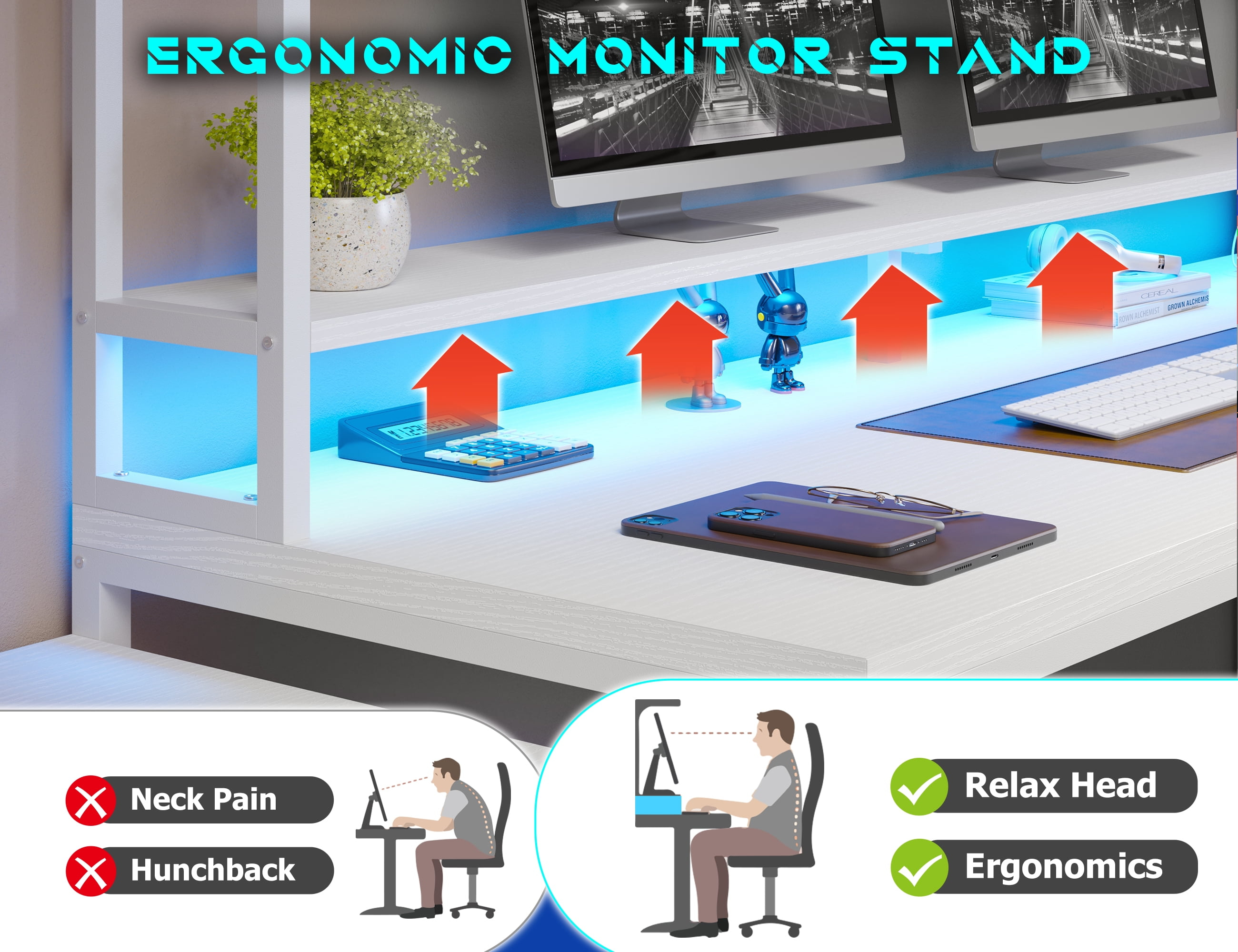 Enhomee L Shaped Desk, Gaming Desks with Power Outlet & LED Light Computer Deskwith Drawers & Storage Shelves Black