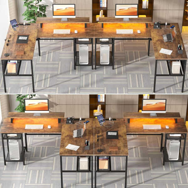 Homieasy L Shaped Computer Desk with Magic Power Outlets and Smart LED Light, Reversible 55 Inch Corner Office Desk with Monitor