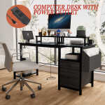 Furnibear Computer Desk with Drawer and Power Outlets, 47" Office Desk with 2 Monitor Stands and Fabric File Cabinet for Home