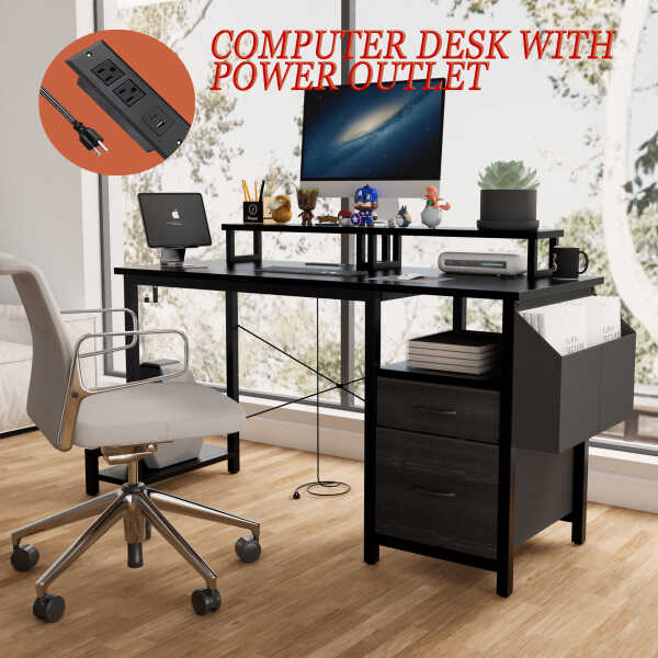Furnibear Computer Desk with Drawer and Power Outlets, 47" Office Desk with 2 Monitor Stands and Fabric File Cabinet for Home