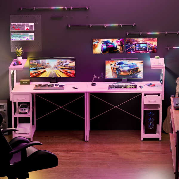 Eunon 44 inch Gaming Computer Desk with LED Lights, Reversible 4 Tier Storage Shelves & Drawer,Pink