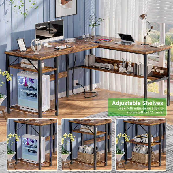 Homieasy Reversible L Shaped Desk with Magic Power Outlets and USB Charging Ports, Sturdy Corner Computer Desk with Storage