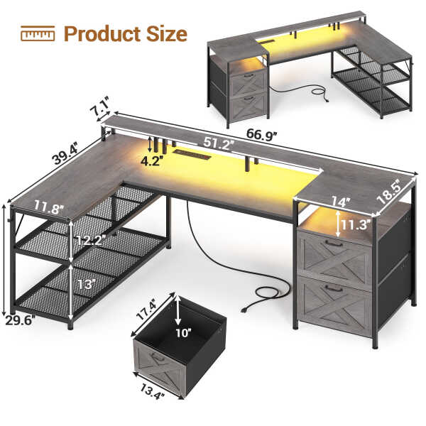 67" L Shaped Desk with Drawers, Computer Office Desk with Storage Shelves & Power Outlet, Reversible Gaming Desk with LED Lights