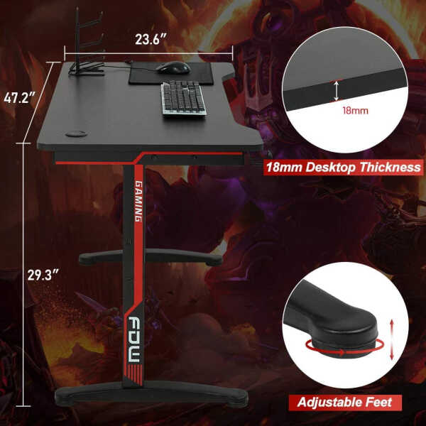 BestOffice Gaming Desk Modern Adult Ergonomic Desk with Cup Holder and Headphone Hook, Red