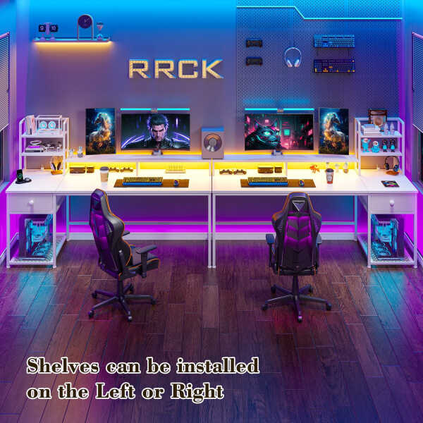 EnHomee 43.3" Gaming Desk with LED Lights & Power Outlets, Computer Desk with Drawers, Home Office Desks with Reversible Shelves
