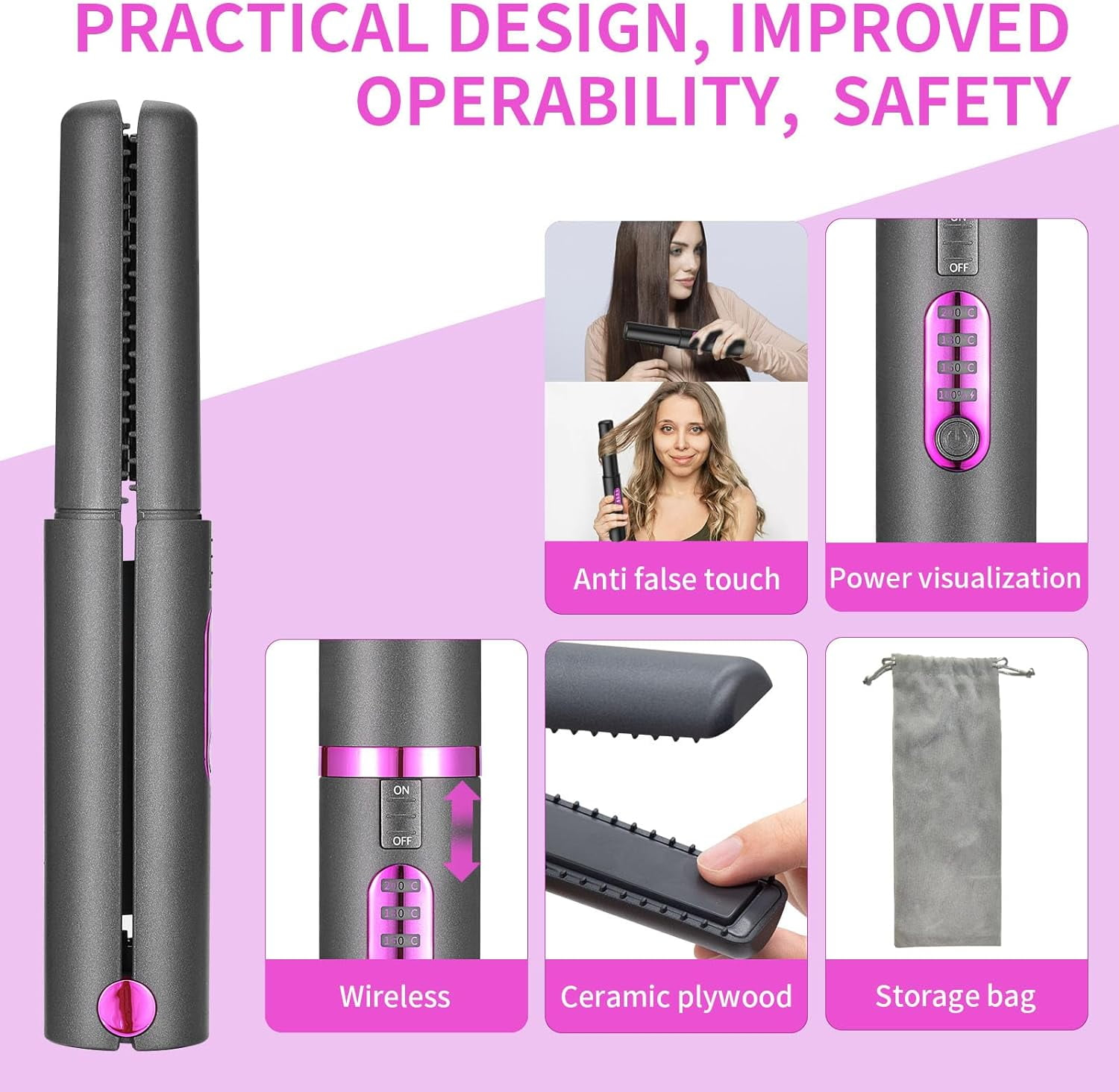Cordless Hair Straighteners Curler 2 in 1, Mini Portable Travel Wireless Flat Iron, Fast Heat Up, Anti-Scald 3-Level