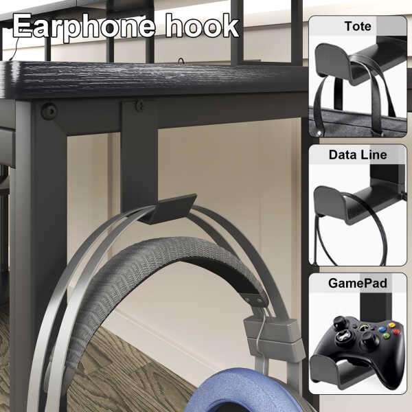53" Gaming Desk with LED Lights & Power Outlets, Modern Computer Desk with Monitor Stand & Storage Sheves for Home Office, Black