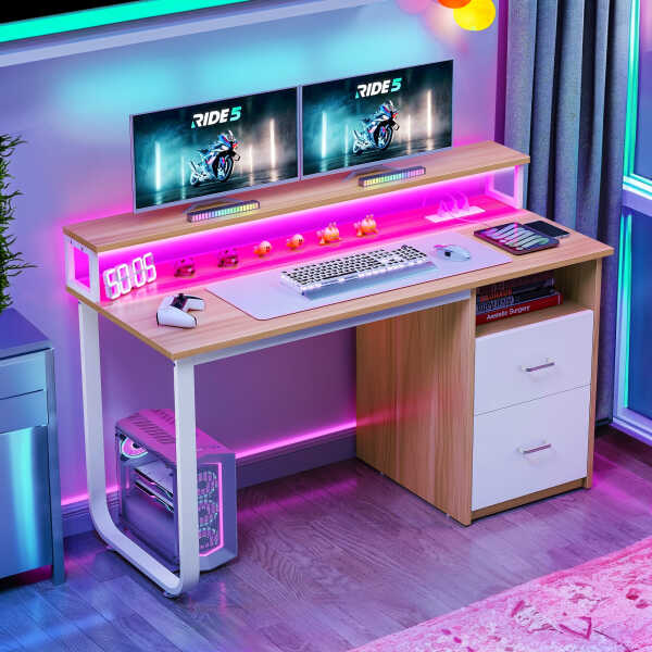Dextrus 47 inch Computer Desk with Storage Drawers & LED Light, Office Desk with Monitor Stand & Power Outlets, Work Study PC