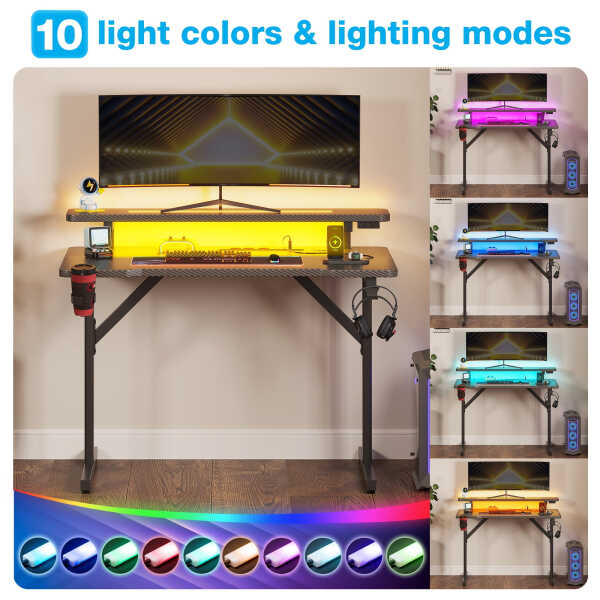 31 inch Small Gaming Desk with Power Outlets & LED Lights, Computer Desk Gaming Table with Monitor Shelf, Gamer Desk with Carbon