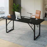 Pinmoco 63" Executive Desk, Lager Writing Desk with Metal Frame, Home and Office, Black with Walnut