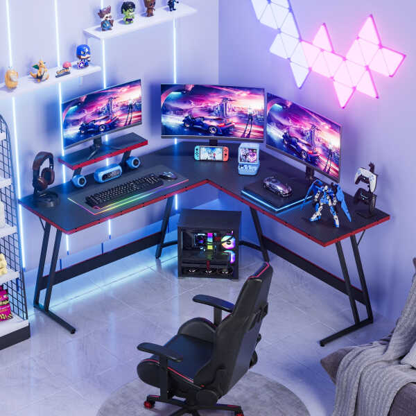Vineego 51-inch L-Shaped Gaming Desk with Carbon Fiber Corner Computer Desk with Monitor Stand,Black