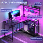 Bestier 42 inch Gaming Desk with LED Lights & Power Outlet, Reversible L Shaped Computer Desk with Hutch & Storage Shelves,